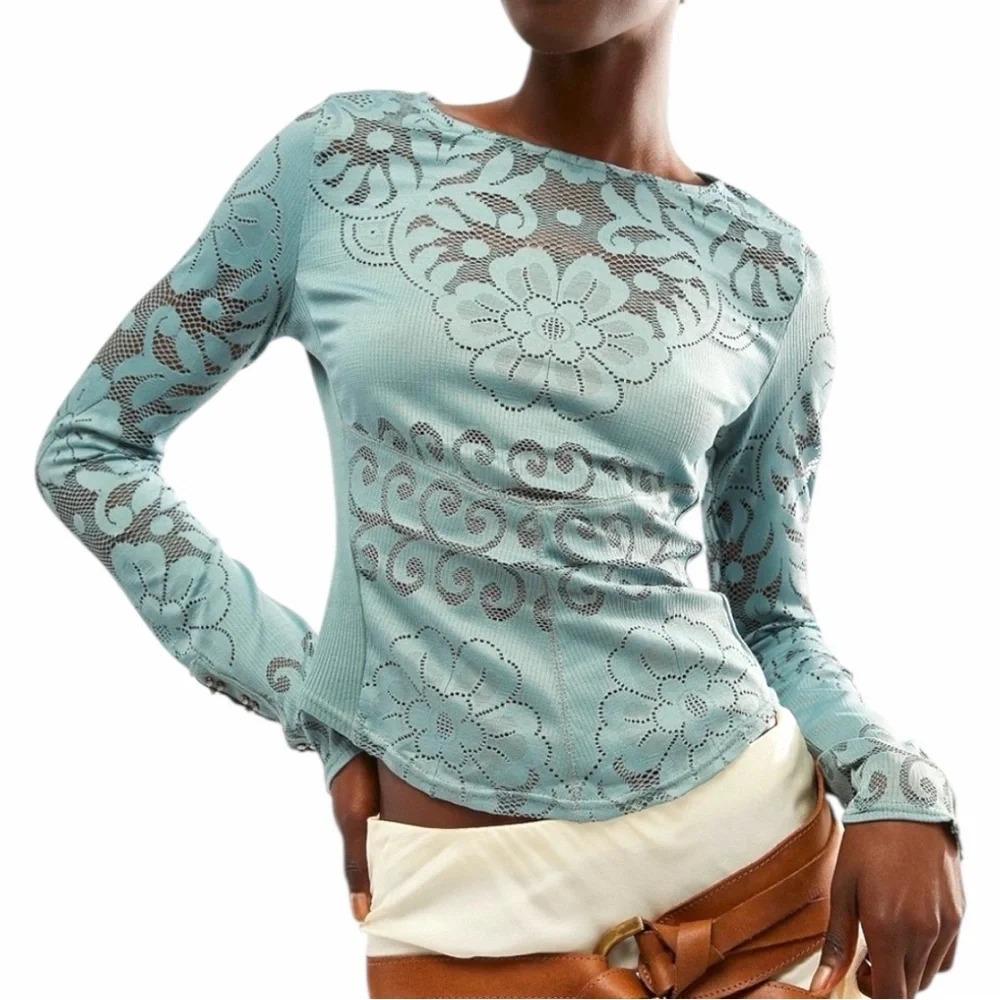 NEW FREE PEOPLE Wild Roses Top in Steele Sea Size XS